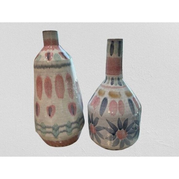Set Of 2 Ceramic Vases With Handpainted Floral & Abstract Patterns In Pastel Pin - Picture 3 of 16